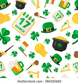 Saint Patrick day seamless pattern design. La Fheile Padraig holiday background. Irish green and golden colors shamrock or clover backdrop for wrapping paper, apparel, textile, clothing, etc.