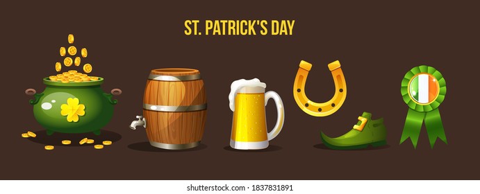 Saint Patrick Day set. Icons on the holidays Saint Patrick - mug of beer,clover, pot of gold, green shoe, hat, beer, wood barrel, horseshoe, gold coins, gold badge with ribbons banner vector