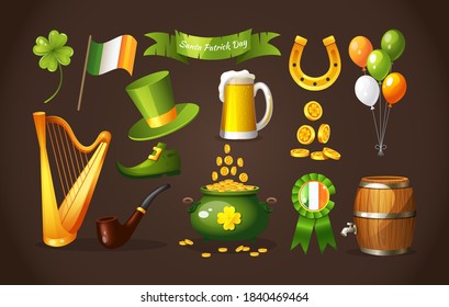 Saint Patrick Day set. Icons on the holidays Saint Patrick - keg of wine beer, pot of gold, green shoe, hat, beer, barrel, smoking pipe, horseshoe, clover, gold coins, harp vector lustration