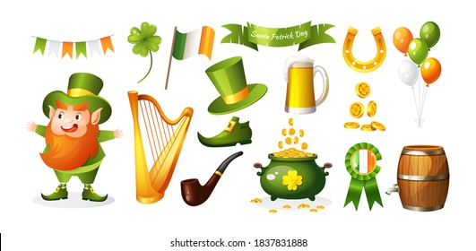 Saint Patrick Day set. Irish fantastic character gnome leprechaun. Icons on holidays Saint Patrick pot of gold, green shoe, hat, beer, barrel, smoking pipe, horseshoe, clover, gold coins, harp vector