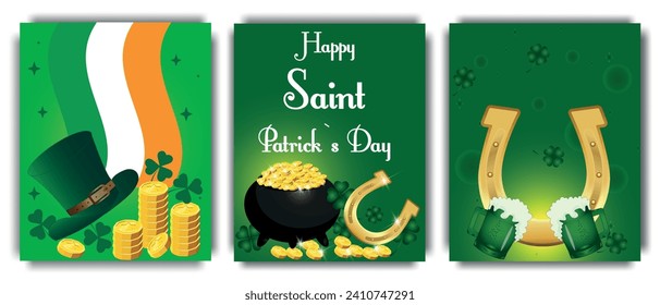 Saint Patrick Day, set of posters or party invitation with leprechaun hat, shamrocks and pot of gold coins, horseshoe, and Ireland flag on green background. Vector illustration.