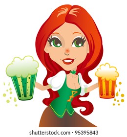 Saint Patrick day sexy red haired waitress smiling with two mugs of beer, one green and one gold