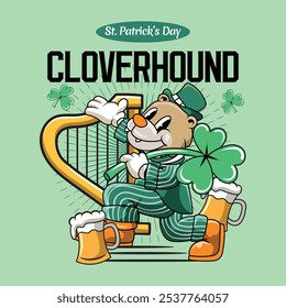 Saint Patrick Day Shamrock Bear holding Clover Leaf Retro Cartoon Mascot Character Groovy Vintage Style for poster, flyer, brochure, invitation, greeting card, banner