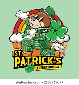 Saint Patrick Day Shamrock Bear holding Clover Leaf Retro Cartoon Mascot Character Groovy Vintage Style for poster, flyer, brochure, invitation, greeting card, banner