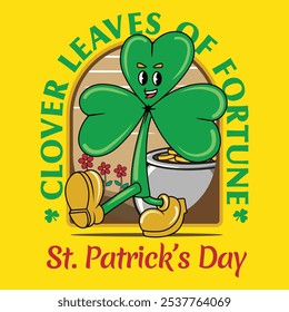 Saint Patrick Day Shamrock Clover Leaf Retro Cartoon Mascot Character Groovy Vintage Style for poster, flyer, brochure, invitation, greeting card, banner