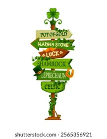 Saint Patrick day sign board or Irish holiday signage with direction arrows, vector signboard. St Patrick day sign board with arrow direction to leprechauns with shamrock clover and golden horseshoe