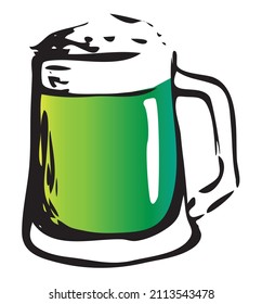 Saint Patrick Day special Irish Tankard stein mug green beer glass. Hand drawn ink style graphics illustration. Craft draft beer event festival poster, banner ir stickers, pub bar restaurant menu.