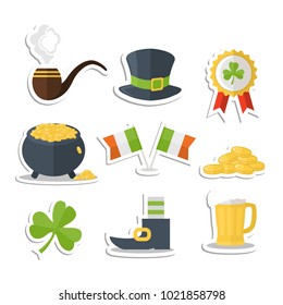 Saint Patrick Day sticker set with shadow isolated on a white background with pot ,coin,beer mug,hat,clever,shamrock,smoke pape