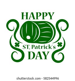 Saint Patrick day symbol of green ale beer pub barrel. Irish holiday traditional logo design element for vector greeting card or celebration feast text template