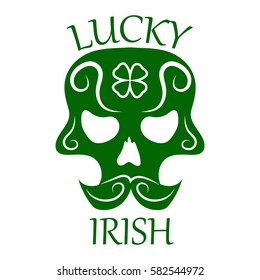 Saint Patrick day symbol of skull with mustaches and four-leaf clover leaf or lucky Irish shamrock. Ireland traditional logo design element for vector greeting card or celebration feast