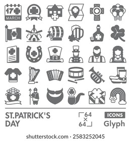 Saint Patrick day symbols collection or sketches. airish holiday theme icons in glyph style signs for web and app. Vector graphics isolated on white background