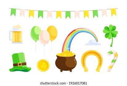 Saint Patrick Day symbols set. Cartoon icons of Irish traditional holiday isolated on white background.