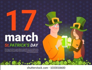 Saint Patrick Day Template Background With Man And Woman In Green Hats Holding Glass Of Beer Flat Vector Illustration