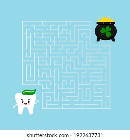 Saint Patrick day tooth kids maze game. Help cartoon white teeth boy to find right way to cauldron with gold and clover in labyrinth. Vector flat design challenge illustration in cartoon style.