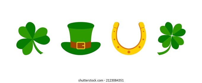 Saint Patrick Day vector icon, irish set. Clover, hat, horseshoe and shamrock isolated on white background. Cartoon illustration