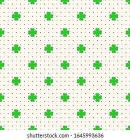 Saint Patrick day vector seamless pattern with shamrock leaves and polka dot, geometric silhouette clover background. Floral illustration can be used as texture, print, digital paper