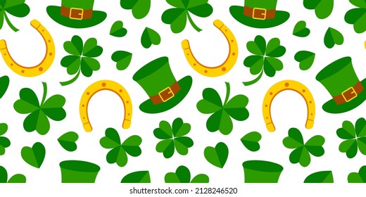 Saint Patrick Day vector seamless pattern, irish background, green leaf clover and shamrock, spring celtic festival. Holiday illustration