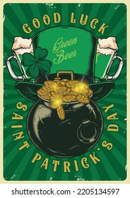 Saint Patrick day vintage colorful flyer green hat with yarrow and mugs of Irish beer over golden coins vector illustration