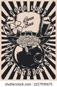 Saint Patrick Day Vintage Monochrome Poster Irish Hat With Yarrow Petal And Beer For Holiday Party Vector Illustration