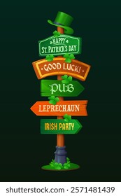 Saint Patrick day wooden sign board for Irish holiday celebration signage, vector signboard. St Patrick day sign board with arrow directions to leprechauns and Irish party pub with good luck quote