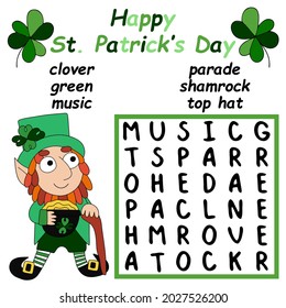 Saint Patrick Day word search puzzle for kids with leprechaun vector. Funny Irish themed word game for children printable activity page
