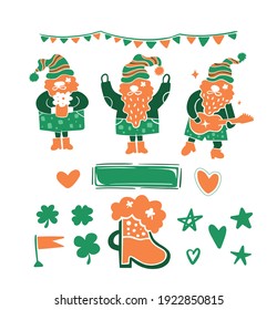 Saint Patrick Day.Celebration Shamrock Decoration.Leprechaun Isolated With Guitar, Glass Of Beer And Dancing.Clover Hand Drawn Set.Irish Flag.heart And Star Simple Line.element Collection.Festival