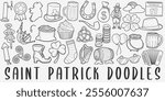 Saint Patrick doodle icon set. Ireland Holidays Vector illustration collection. Banner Hand drawn Line art style.	