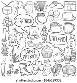 Saint Patrick doodle icon set. Ireland Holidays Vector illustration collection. Banner Hand drawn Line art style.