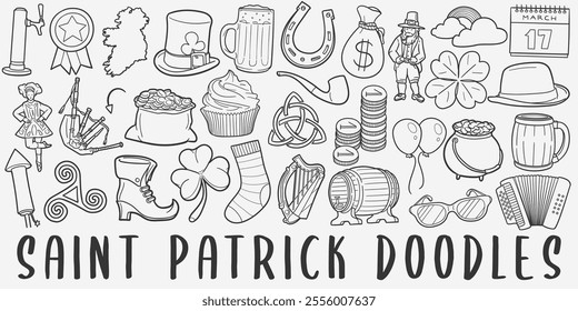 Saint Patrick doodle icon set. Ireland Holidays Vector illustration collection. Banner Hand drawn Line art style.	