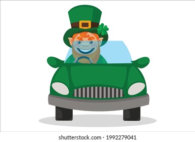 Saint Patrick is driving the car. Vector graphic illustration. Individually on a white background.