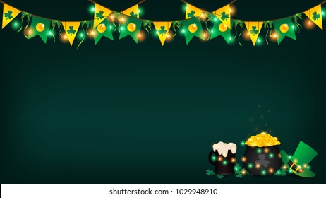 saint Patrick festival background contain dark green ,green and yellow 
fairy light on top along with symbol flag. a glass of beer ,a green top hat and a pot full of golden coin on right bottom