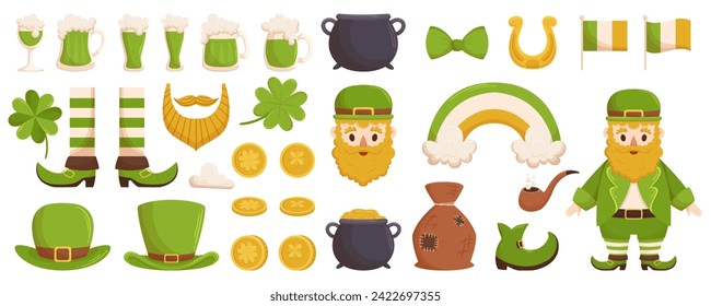 Colección del festival Saint Patrick con diferentes elementos como Leprechaun, oro, cerveza verde y shamrock. Ilustración plana dibujada a mano vectorial para diseños festivos