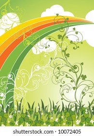 saint patrick field of clovers and rainbow (vector)