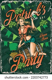 Saint Patrick flyer colorful vintage woman with green beer invites to Irish party surrounded by gold and yarrow vector illustration