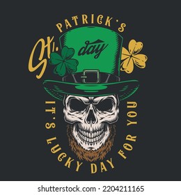 Saint Patrick Flyer Vintage Colorful Skull In Hat With Green Yarrow Leaf And Lucky Day Wishes Vector Illustration