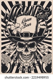 Saint Patrick Flyer Vintage Monochrome Skull In Irish Hat With Yarrow Petal Lures To Party On March 17 Vector Illustration