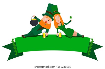 Saint Patrick with a girl lying on the banner. Cartoon character. A man with a red beard and a woman with red hair in an emerald suit. Cheerful young people with a mug of foamy beer.