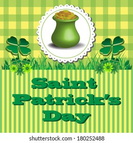 Saint Patrick greeting with four leaf clovers and a golden pot in the middle of the image