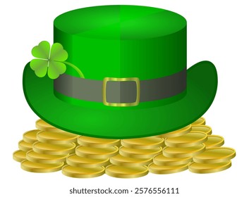 Saint Patrick Hat and many coins on the white