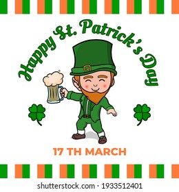Saint Patrick holding a beer cartoon illustration. Happy Saint Patrick's day. Flat design vector isolated. Suitable for social media, greeting cards, flyers, and web.