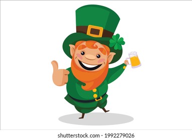 Saint Patrick is holding a beer cup in hand. Vector graphic illustration. Individually on a white background.