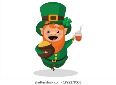 Saint Patrick is holding gold coin pot in one hand and another hand holding a beer cup. Vector graphic illustration. Individually on a white background.