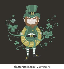 Saint Patrick is holding a gold horseshoe.