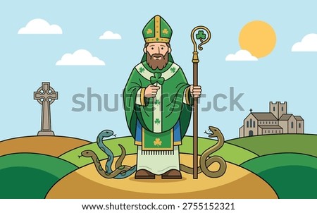Saint Patrick holding a shamrock and crosier while banishing snakes from a rolling Irish landscape featuring a Celtic cross and a cathedral.