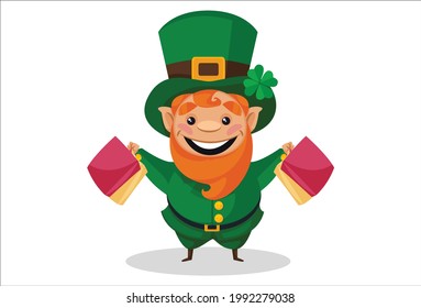 Saint Patrick is holding shopping bags in his hands. Vector graphic illustration. Individually on a white background.