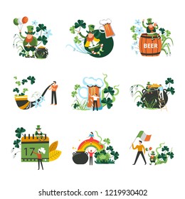 Saint Patrick holiday celebration, Irish symbols of luck vector. Leprechaun sitting on beer casket,m big pipe wit smoke and floral leaves decoration. Pot filled with golden coins and rainbow bridge