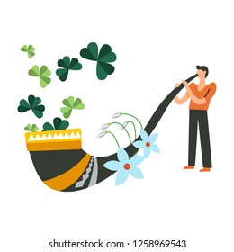 Saint Patrick holiday celebration traditional vegetation and man vector national Irish signs shamrock leaves symbols of luck male holding big pipe with flowers in bloom blooming floral decoration.