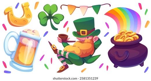 Saint Patrick holiday set with magical elements - golden horseshoe, lucky shamrock leaf, festive bunting flags, foamy beer, relaxing leprechaun smoking pipe, treasure pot under rainbow with confetti.