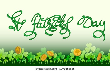 Saint Patrick horizontal background with lettering, gold coins and clover leaves. Ideal for greeting card, poster and web template. Vector illustration