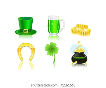 saint patrick icon set - hat, coins, cauldron, horseshoe, mug, shamrock - isolated on white background